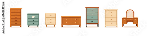Collection of vintage wooden dressers and vanities in flat style design