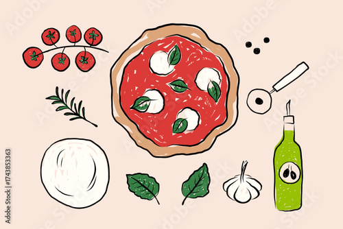 Classic Neapolitan Pizza with tomato sauce, mozzarella, basil. Cartoon illustration of Italian food. Margherita pizza recipe with dough, olive oil, tomatoes. Vector graphic on isolated background