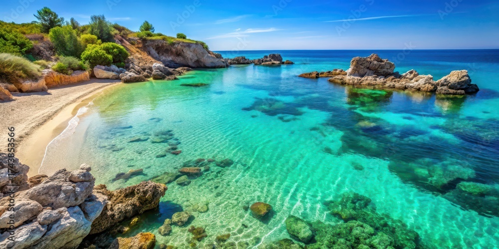Fototapeta premium Turquoise Mediterranean sea meets sandy shoreline at low tide revealing exposed rocky outcrops and vibrant beachy vegetation, turquoise water, marine life