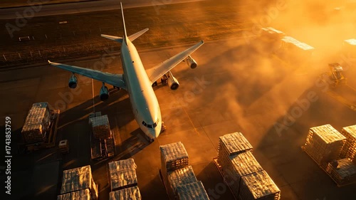 Aerial drone view of a cargo airplane being loaded at the airport during golden sunset. Warm light and long shadows highlight the beauty of global logistics and air freight operations.