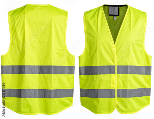 Front and back view of a high visibility yellow safety vest with reflective stripes. Isolated on transparent background, png