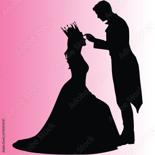 Enchanting Profile Silhouette Illustration of Elegant Beau Assisting with Lipstick on Beautiful Queen in Flowy Ballgown Against Soft Pink