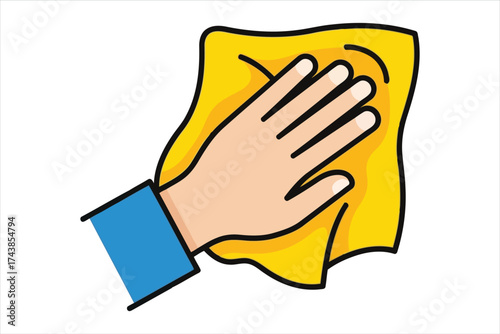 Illustration of hand wiping with yellow cloth, cleaning and hygiene concept