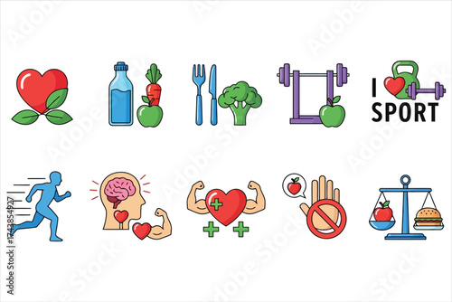 Vector art of healthy lifestyle and sport icons set of vector illustrations about health