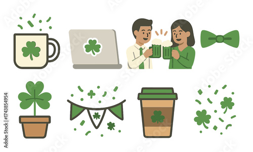 St. patrick's day celebration icons with shamrocks and festive characters