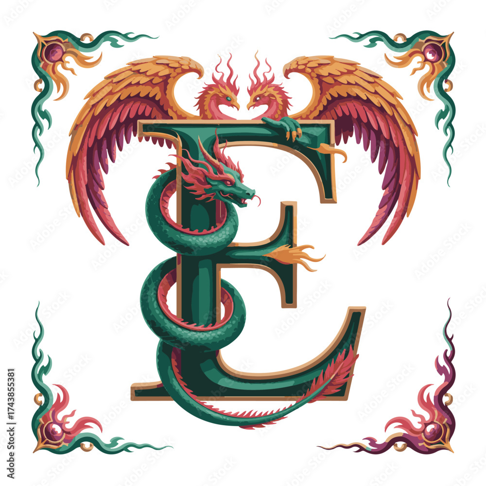 Fototapeta premium Mythical emerald green dragon coiled around ornate letter e with fiery wings and decorative corners