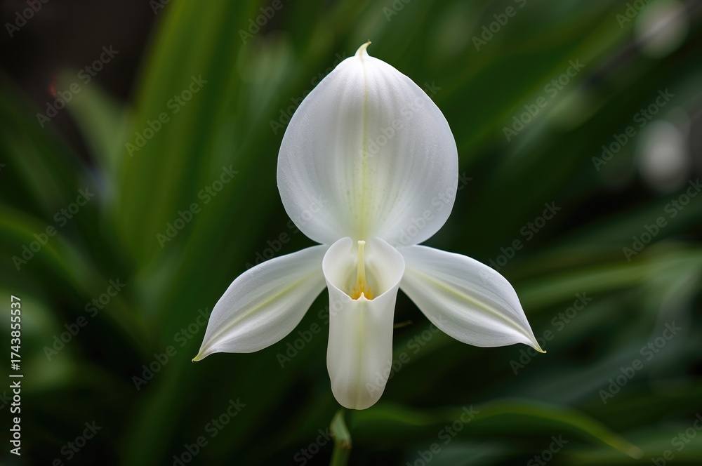 Fototapeta premium Green foliage backdrop with a single white Sobralia orchid bloom