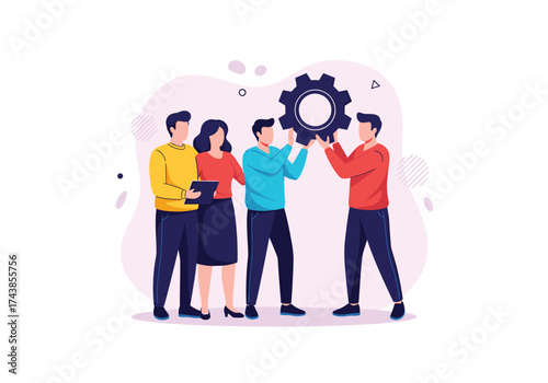 Teamwork and collaboration in a business environment with a shared gear.