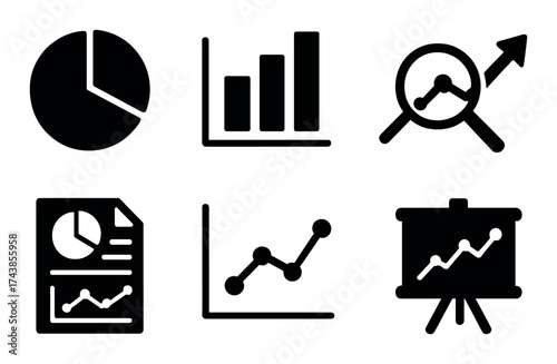 Collection of black business graph and chart icons on gray background