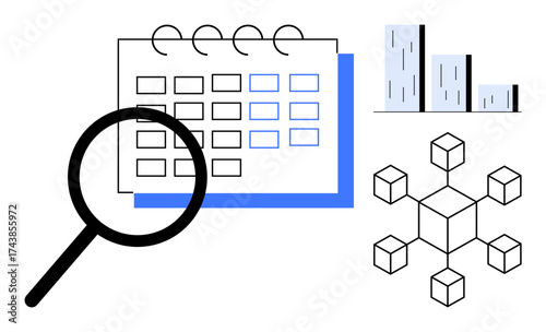 Magnifying glass over a calendar, bar chart, and network diagram combined to signify data analysis, organization, statistics, planning, scheduling, connections and insights. Ideal for business