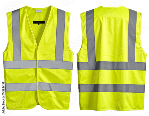 Front and back view of a high visibility yellow safety vest with reflective stripes. Isolated on transparent background, png