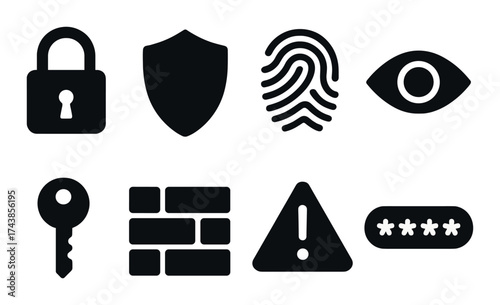Cybersecurity icons: lock, shield, key, fingerprint, eye, firewall, warning, password