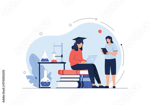 Illustration of two students studying and working on a science project together.