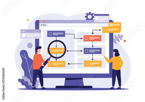 Analyzing a complex flowchart on a large monitor with two people interacting with the display.