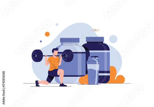 A person lifting weights near protein supplements and a water bottle.