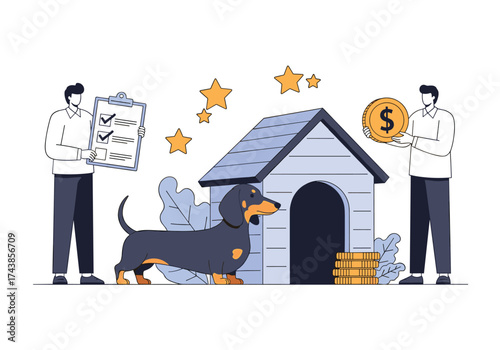 A dachshund stands by its kennel with two people and coins and stars.