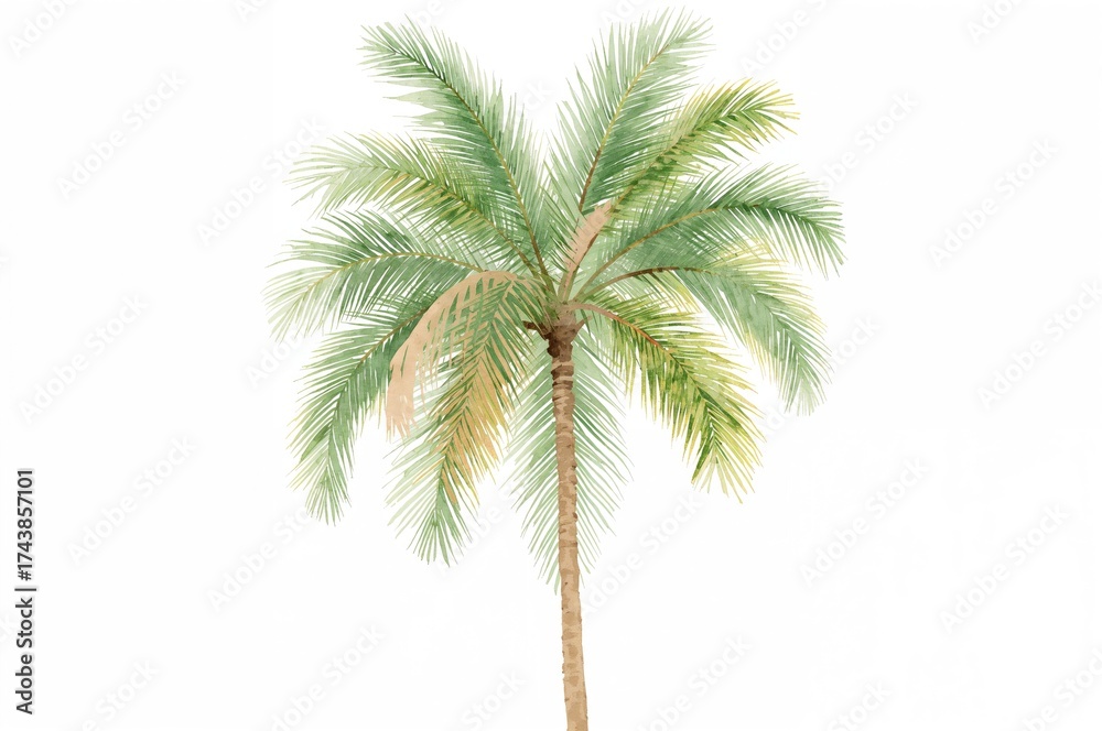 Fototapeta premium Handcrafted watercolor depiction of tropical green palm leaves on a white canvas. Botanical art for printing.