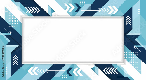 Modern abstract background with a dynamic geometric arrow pattern in shades of blue, providing a central copy space frame for text or presentation