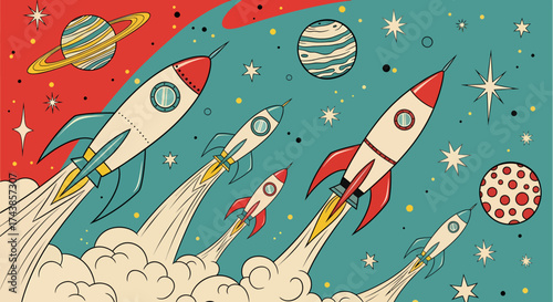 A fleet of vintage rockets embarks on a cosmic adventure, symbolizing progress and exploration into the galaxy