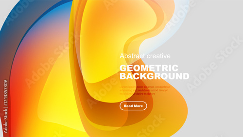 Fluid shapes, vibrant colors create modern abstract background. Text area present, button visible. Design feels dynamic, energetic.