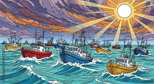 Fishing Fleet Sailing on a Sunny Day A Colorful Illustration of Boats at Sea