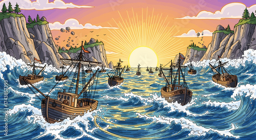 A vibrant fleet of traditional fishing vessels navigates turbulent waters towards a glowing horizon, with a radiant sun rising or setting between rugged cliffs and lush islands