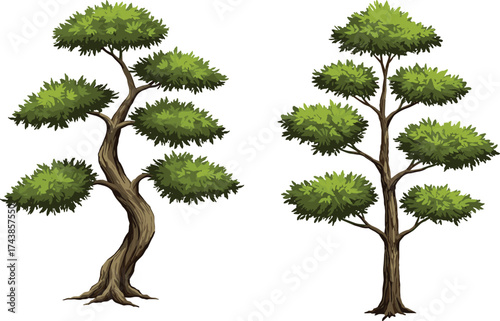 Cartoon tree illustration, stylized forest elements, green foliage, twisted trunk, nature clipart, vector tree design, whimsical landscape, children’s book art, playful environment graphics