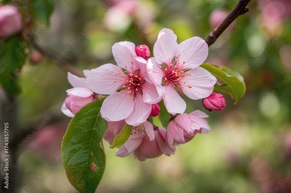 Obraz premium Stunning Pink Blossoms in a Lush Garden, Vibrant Pink Tree Flowers in Full Bloom, Close-Up of Gorgeous Flowers as a Backdrop, Detailed View of Flowering Fruit Tree Branch