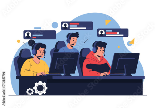 Three people wearing headsets playing video games together.