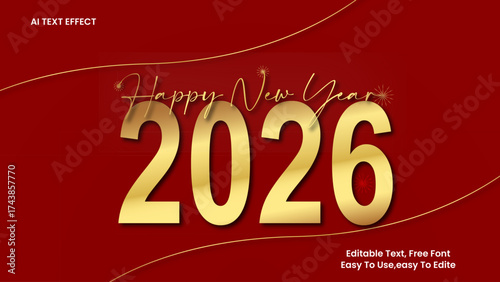 Happy New Year 2026 Golden 3D Text Effect on Red Background