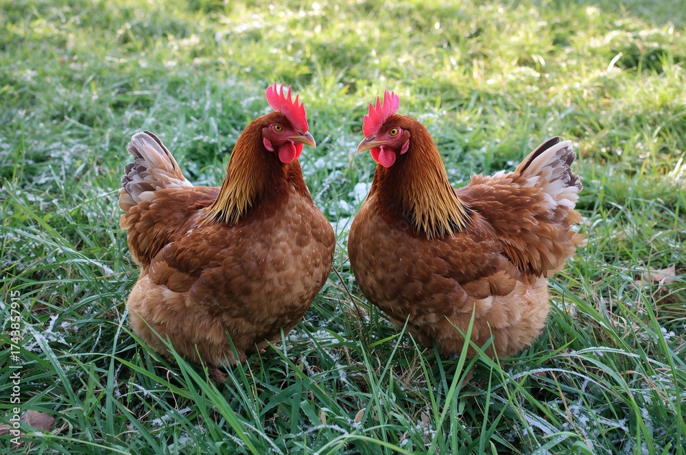 Fototapeta premium A pair of chickens standing on snowy grass in a garden