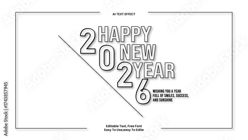  Happy New Year 2026 Black Outline,3D Text Effect on White Background