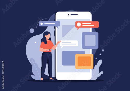 A woman interacting with a smartphone screen displaying chat bubbles and notifications.