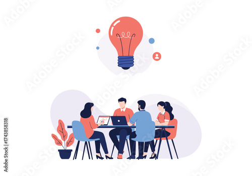 Team members collaborating and brainstorming to generate new ideas.