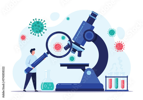Scientists are studying viruses and bacteria under a microscope.