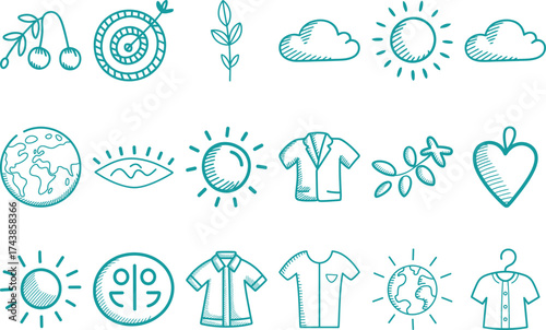 Hand-drawn doodles of nature, clothing, and celestial objects in teal color