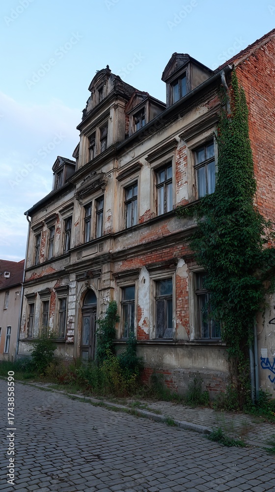 Naklejka premium Dilapidated building in urban setting: An aged and weathered building, a testament to time, stands with faded glory in an urban environment, whispering tales of its past. 