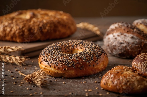 Sesame-crusted ring bread resting on a wooden surface