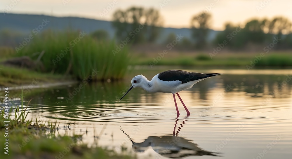 Fototapeta premium Black-winged Stilt in a Marsh.