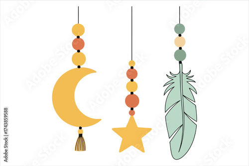 Vector art of boho style mobile with moon, star, and feather, a cute nursery decor idea