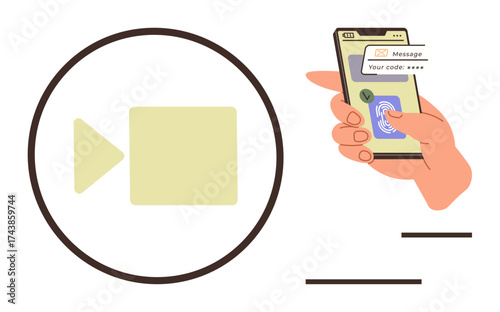 Hand holding smartphone with fingerprint scanner and code verification. Video play icon next to it. Ideal for security, technology, authentication, video streaming, privacy, mobile apps, telecom
