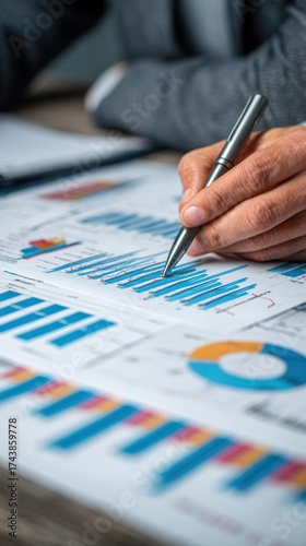 A close-up of a hand holding a pen above detailed graphs and charts, indicating data analysis and business performance evaluation.
