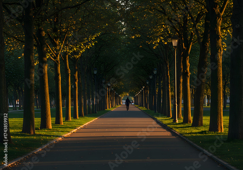 Person walking down a tree-lined path in a park, with sunlight creating long shadows.