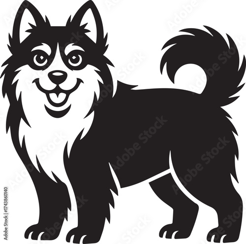 Happy Fluffy Dog Silhouette Vector, Cute Cartoon Pet Illustration in Black and White for Logo, Sticker, or T-Shirt Design