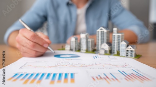 A person analyzes charts and graphs on paper alongside miniature buildings, indicating a focus on real estate or urban development.