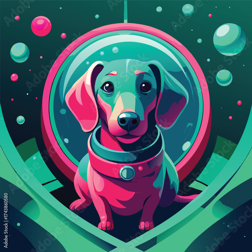 Colorful Dog in Space Helmet Illustration, Playful Astronaut Pet in Cosmic Scene