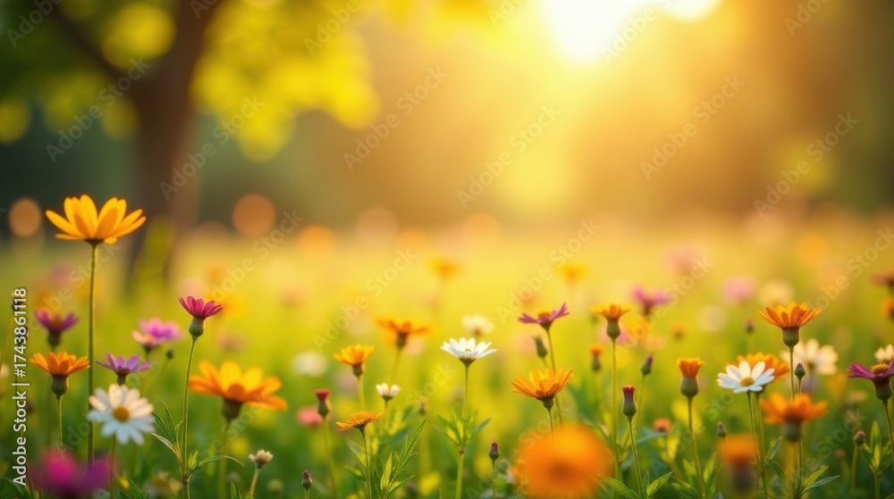 Obraz premium Golden Hour Meadow A Serene Landscape of Vibrant Wildflowers Bathed in Warm Sunlight