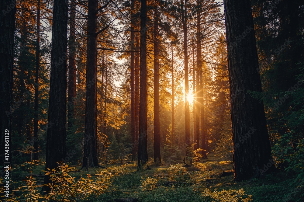 Fototapeta premium Sunset glow on cedar trees with sun rays