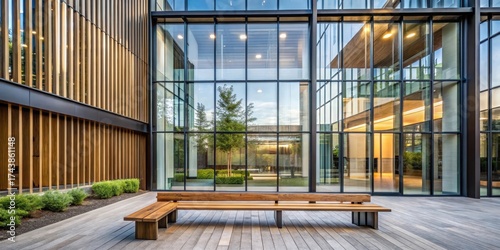 Building exterior with large glass windows and wooden bench