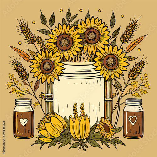 Sunflower Bouquet With Mason Jars And Honey Jars In Rustic Home Decor Scene Centerpiece Arrangement